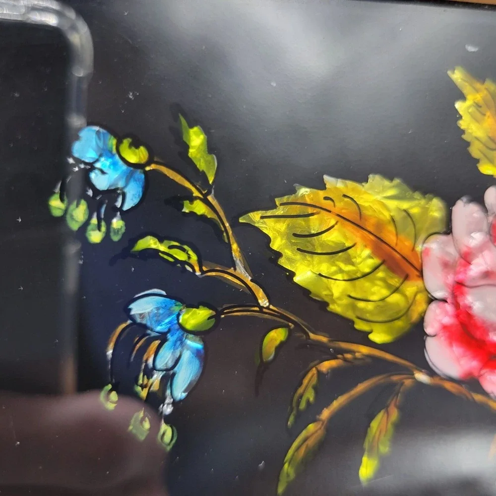 Vintage Handcrafted Box Glass Floral Reverse Painting Top Colorful Hinged
